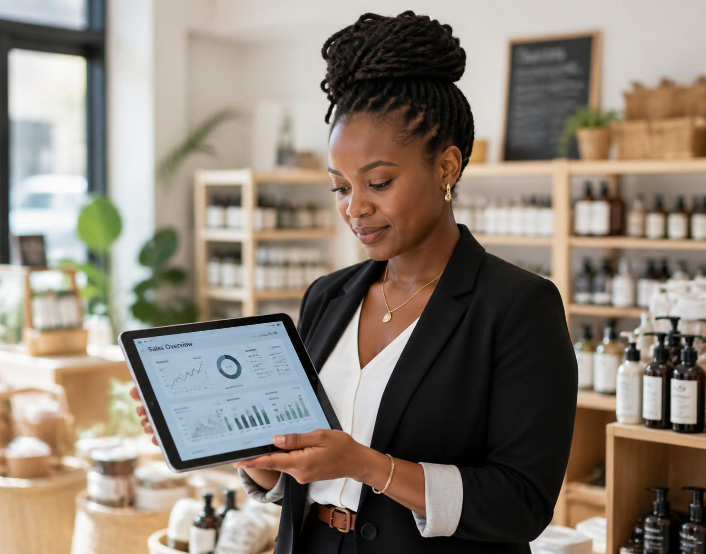A business owner reviewing operational performance on a tablet in her store